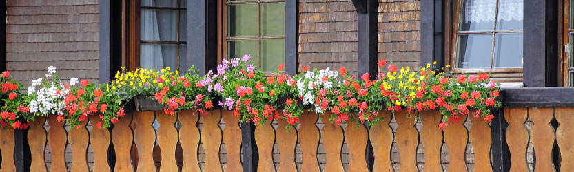 Holzbalkon mit Blumenkästen